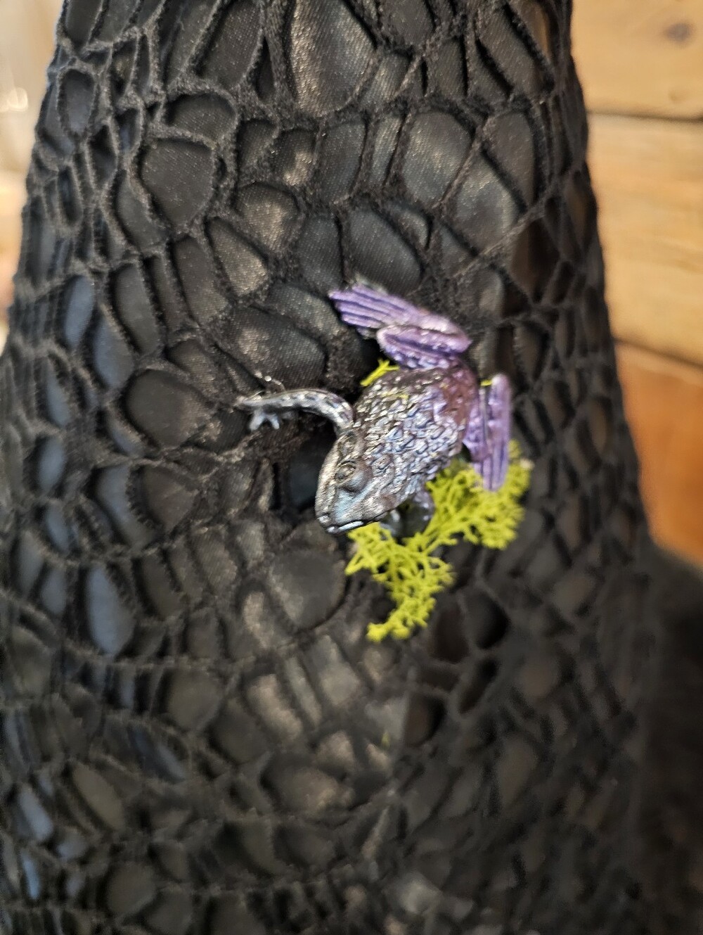 Custom Black Cobweb Lace Witch Hat w/Frogs & Moss, Black Lipstick & Arm Warmers - Picture 8 of 15